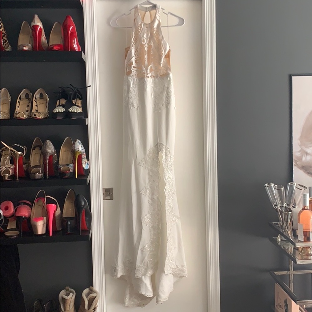 White lace, sheer back, slit gown